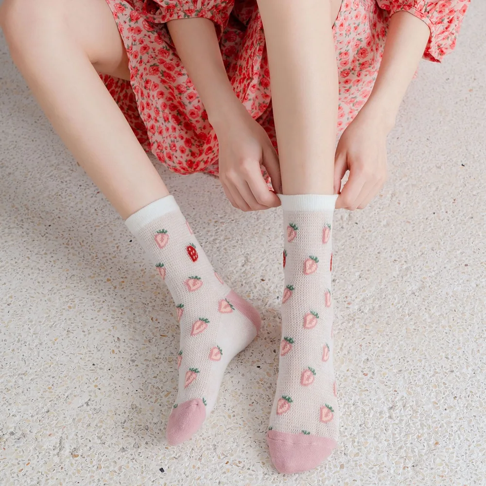 Women Long Socks 5-pairs Set Summer Breathable Thin Cartoon Printed Mesh Girls Socks Japanese Korean Style College Style