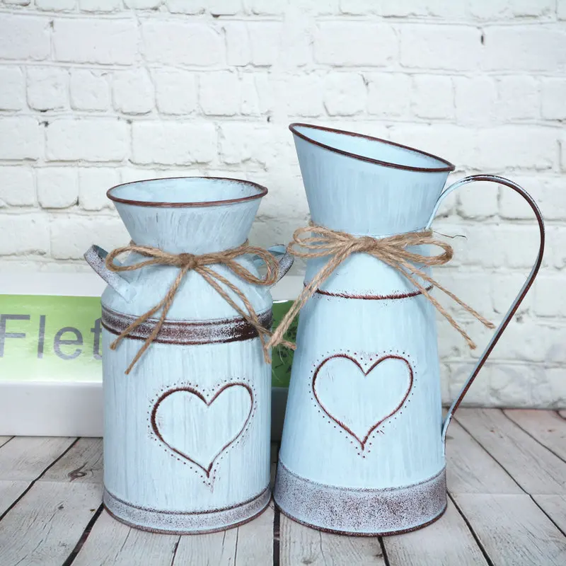 

French Country Metal Chic Vase with Heart-Shaped, Rustic Vintage Galvanized Milk Can Vases for Home Decoration,Living Room Decor