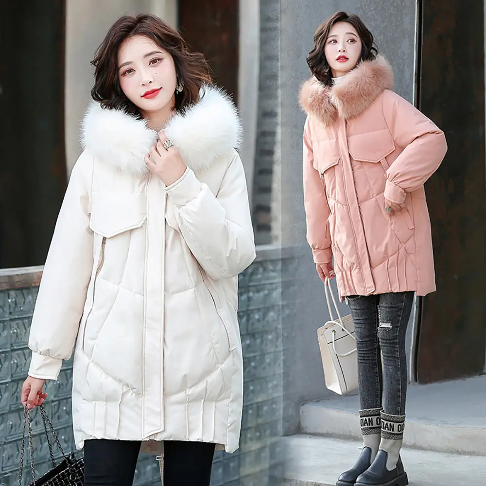 GRELLER 2021 Winter Jacket Parkas Women Solid Black White Female Down Cotton Coat Winter Loose Fur Hooded Women's Long Clothing