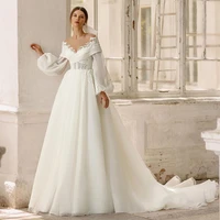 elegant ivory boho wedding dresses long puff sleeve lace bride dress 2021 vestidos de noivas vintage church wedding gowns button