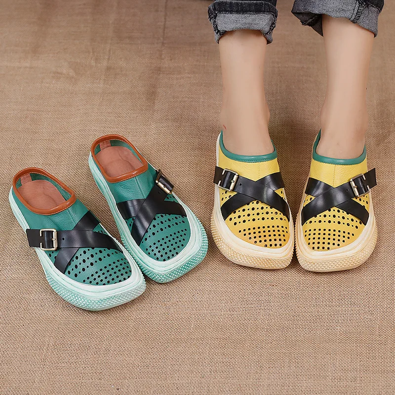 

Johnature Summer Shoes Women Slippers Genuine Leather 2021 New Outside Slides Flat With Leisure Handmade Hollow Ladies Slippers
