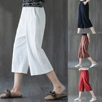 80 2021 new summer women elastic loose wide leg straight solid color capri pants trousers