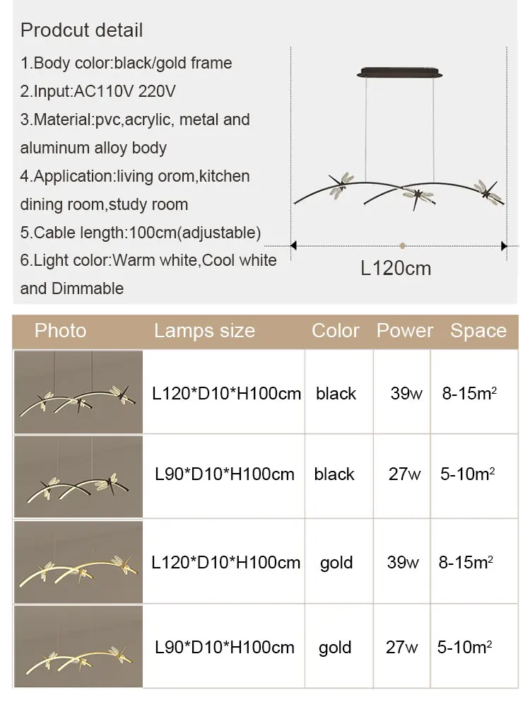 

120CM Creative Led Chandelier Home Lights For Living room Dining room Bedroom Kitchen Indoor Hanging Chandeliers Lamp Black&Gold