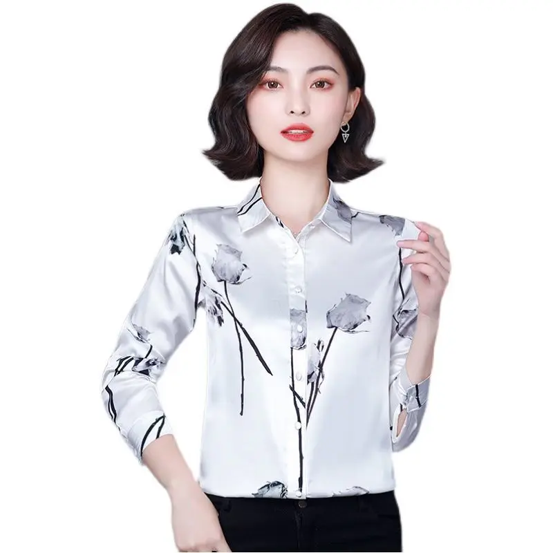 

New Real Shot 2021 Spring Ladies Shirt Printing Long-sleeved Imitation Mulberry Silk Fashion Slim Loose Plus Size Blouse