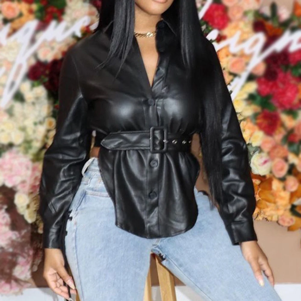 

Женская кожаная куртка с отложным воротником, куртка из искусственной кожи с длинным рукавом, на пуговицах, с поясом, в европейском и америк...