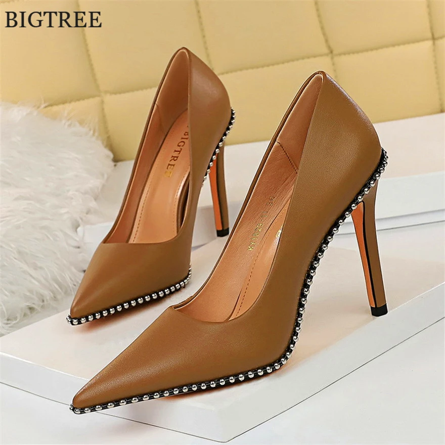

Sexy Rivets String Bead Women's Shoes Party Soft Leather Pointed Toe High Heels Pumps Spring Shallow Office Shoes Women
