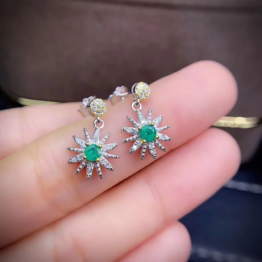 Серьги с натуральным зеленым изумрудом для красоты серебряные ювелирные изделия