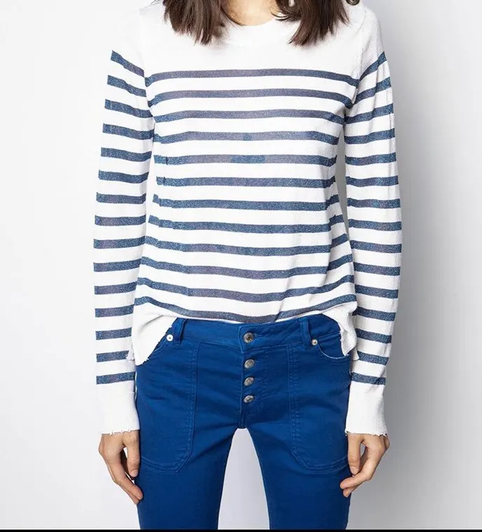 

Sweater Autumn Women and Winter New Wool Yarn Striped Round Neck Knit Top Shiny Age-reducing