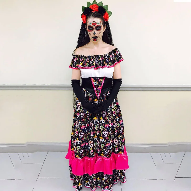День мертвых платье цветок розы череп Хэллоуин испанский тело костюм страшно