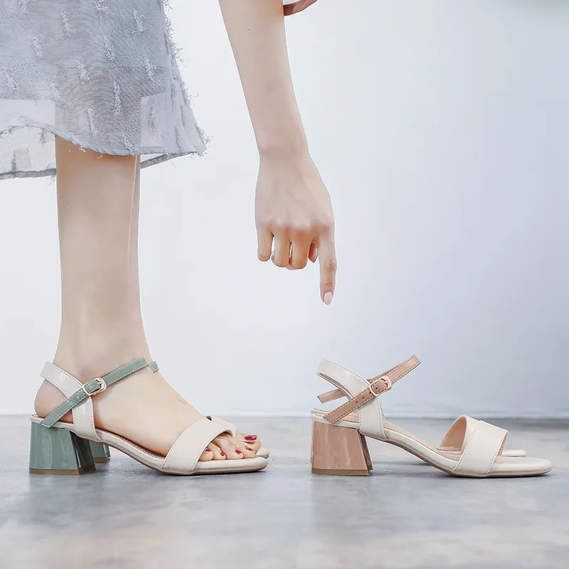 

High Sandals Female Pump New Fashion Buckle Strap Soft Synthetic Leather Thick Heel Solid Party Women Pumps Shoes