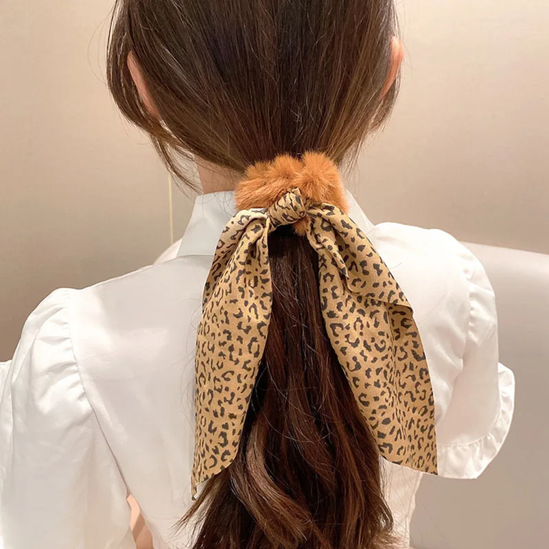 

Fashion Leopard Print Bow Satin Long Ribbon Ponytail Scarf Hair Tie Scrunchies Women Girls Elastic Hair Bands Hair Accessories