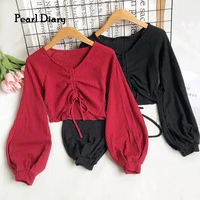 pearl diary autumn winter long sleeve tops puff sleeve knit waffle blouse v neck ruched front drawstring casual solid tops