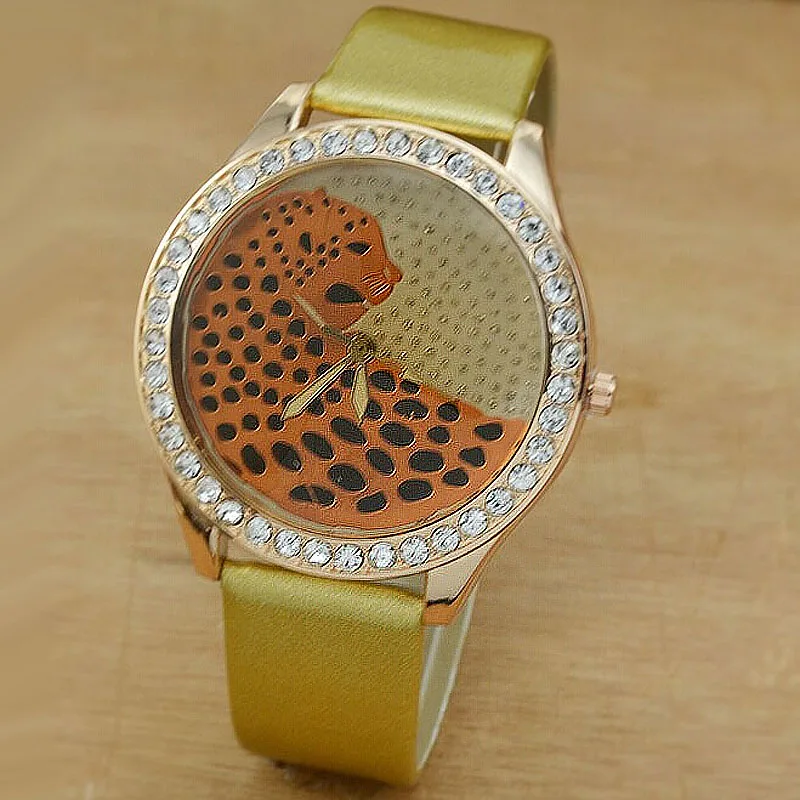 Модные женские часы с кристаллами кожаный ремешок кварцевые пантера Часы Relogio