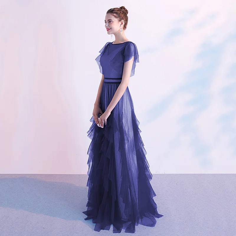 

Elegant Blue Mesh Formal Party Dress Lady Qipao Deep V-neck Asmmetrical Evening Party Gown Robe De Soiree Full Length Prom Dress