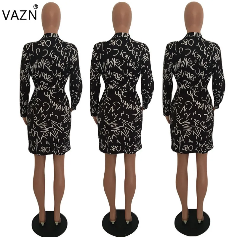 VAZN Autumn Hot Sexy Elegant Fashion Famous Brand Women Dress Letter Deep V-Neck Full Sleeve Chiffon Lady Mini WML8828 | Женская одежда