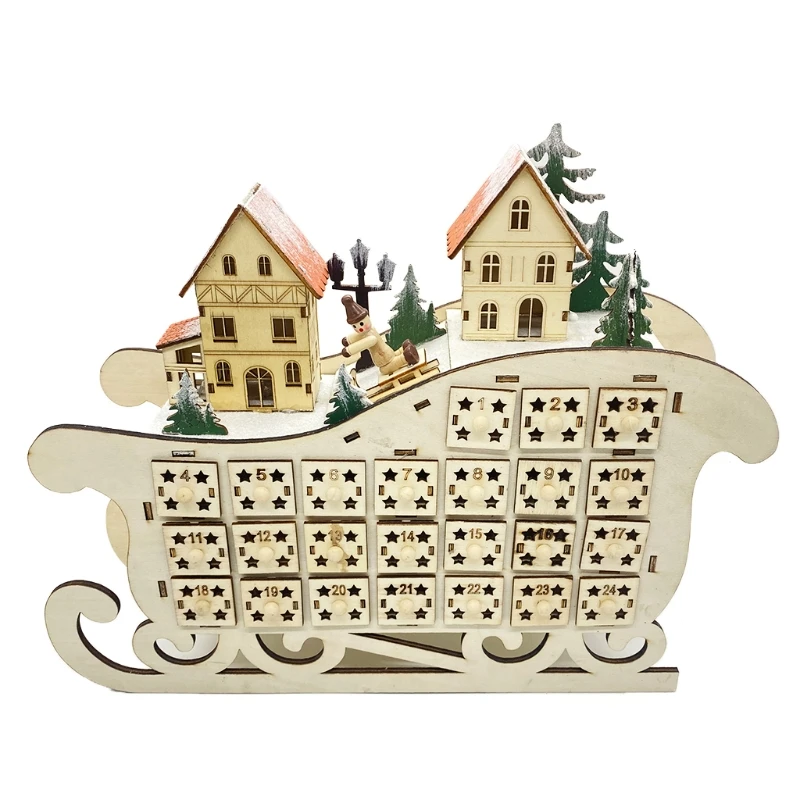 

Santa Sleigh Shape Christmas Wooden Advent Calendar with LED Light Village House 24 Day Countdown Ornament with Drawerx