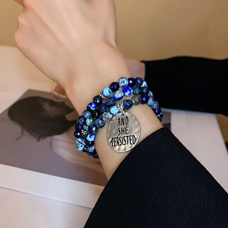 

Korean Fashion High-end Design Blue Crystal Beaded Multilayer Chain Bracelets Metal Letter Sequin Pendant Bracelet Women Jewelry
