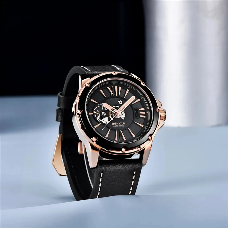 BENYAR New Hollow Leather Men's Watch Top Brand Stainless Steel Sports Waterproof Clock Luxury Automatic Watch for Men