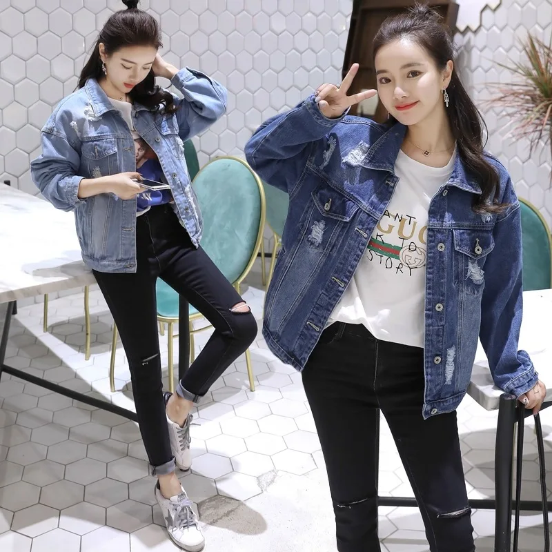 

Denim Jacket Women 2020 Autumn New Fashion Female Long Sleeve Single Breasted Ripped Print Blue Outerwear Coats