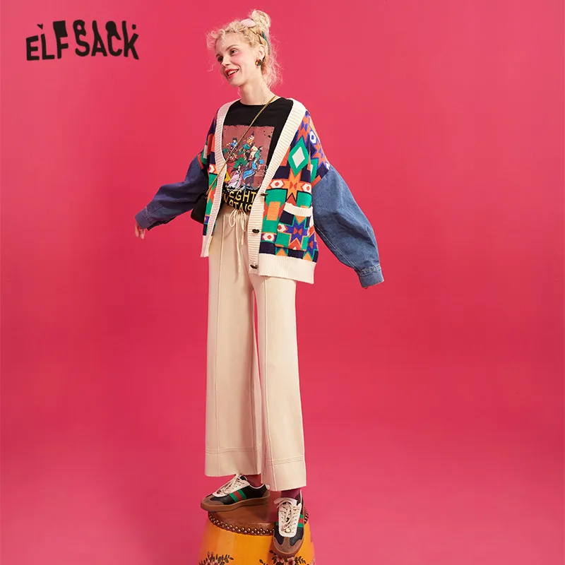 Женские прямые широкие брюки ELFSACK разноцветные однотонные вязаные с эластичным