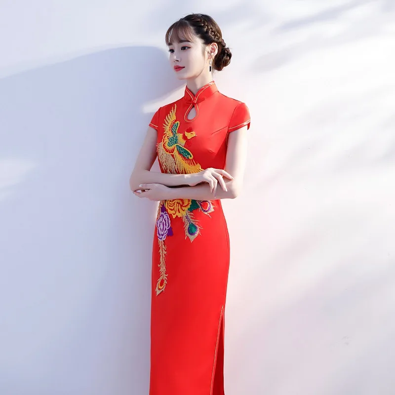 Красные женские весенние Длинные Cheongsam модные китайские стиль Леди китайский