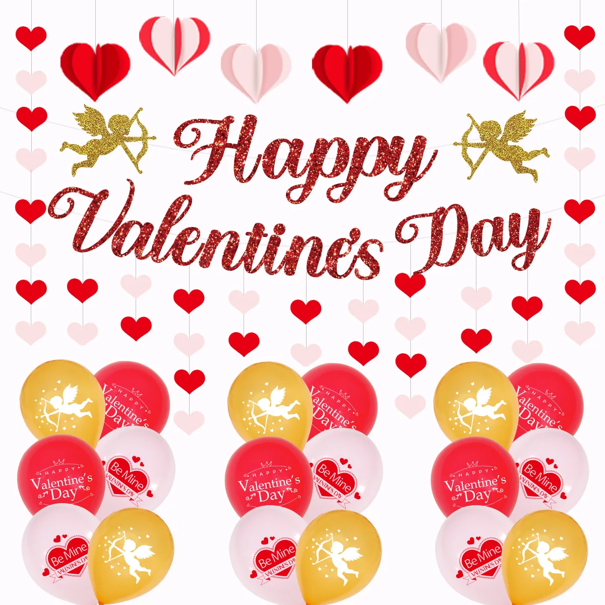 

Happy Valentine's Day Party Decoration Balloons Set Heart Banner Paper Pom Poms for Valentine's Day Romantic Night Supplies
