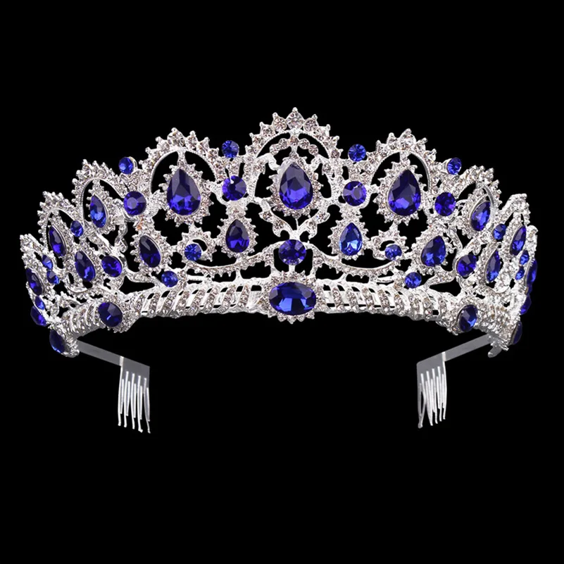 Silver Blue Comb Роскошная свадебная тиара, большие стразы, кристалл, Королевская корона, свадебные аксессуары для волос, диадема, головная повязка, пышные украшения для волос, головной убор - Окраска металла: Silver Blue Comb