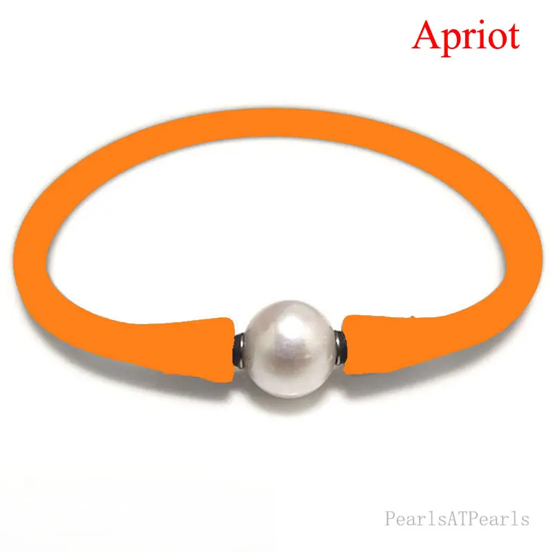 

7 inches 10-11mm One AA Natural Round Pearl Apricot Elastic Rubber Silicone Bracelet For Women