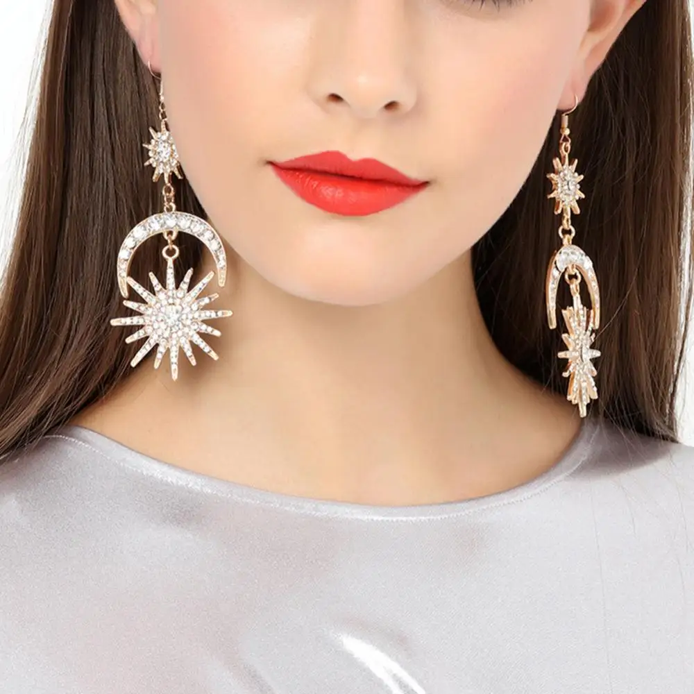 

Hot Sales!! Luxury Sun Moon Drop Earrings Shiny Rhinestone Ear Hook Boho Statement Jewelry