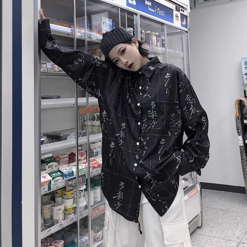 

Japanese Women Shirt Printed Harajuku Oversize Short Sleeve Black Blouses Button Up Vintage Cardigan Summer Fashion 2021