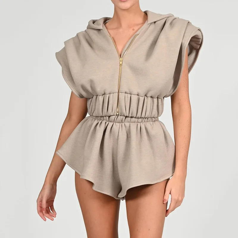 

New Arrival Stylish Women Summer Zip-up Hoodies and Wide Leng Short Pant Matching Outfit Sets