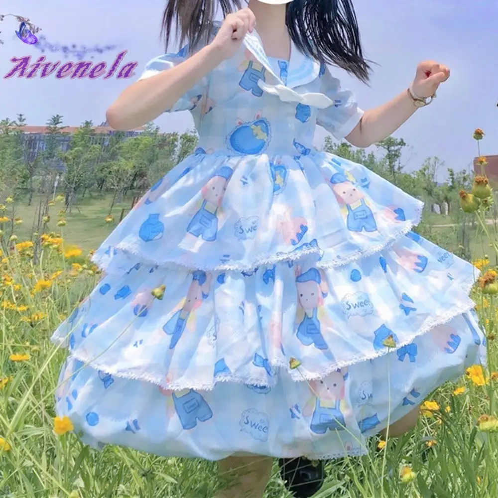 Женское летнее платье с принтом синее воротником и оборками AFC668 | Тематическая