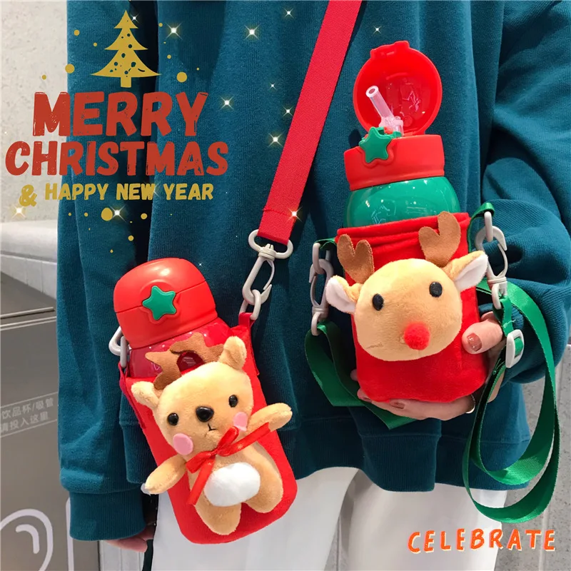 

Lovely Christmas Straw Thermos Cup Cartoon Girl Heart Student Children's Large Capacity Water Bottle Diagonal Cross Gift