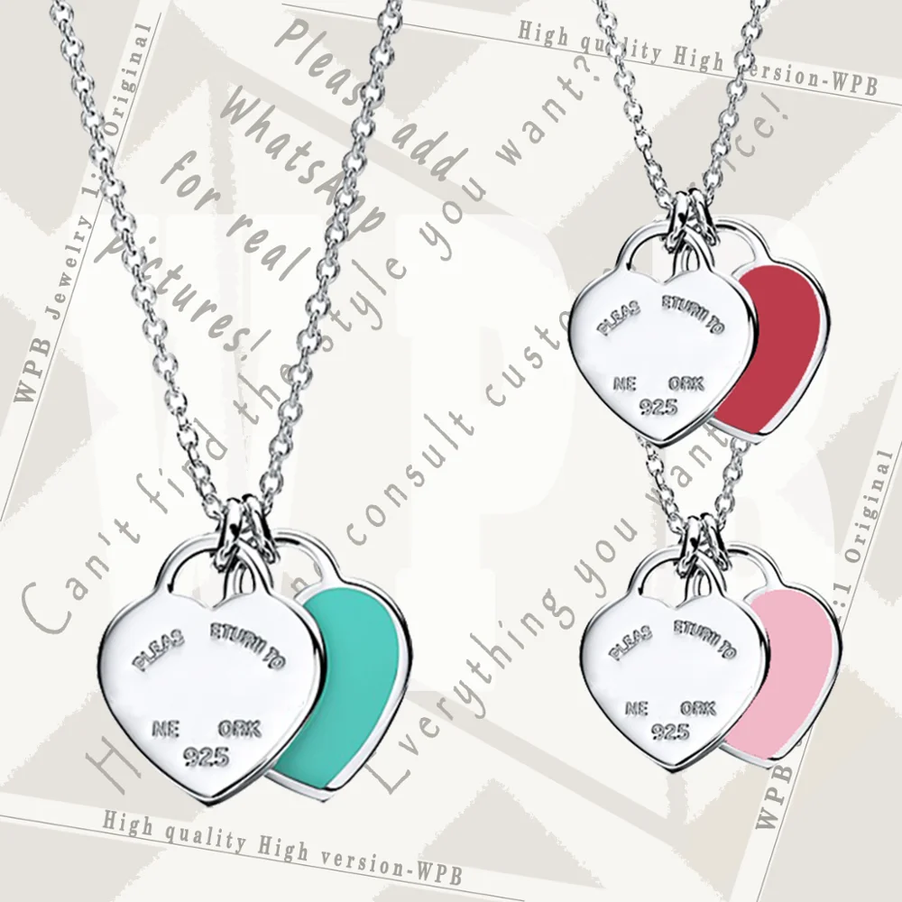 

WPB100%925Necklaces high quality version TIF original 1:1 "Return to Blue Enamel Finish Mini Double Heart Tag "Women Necklaces