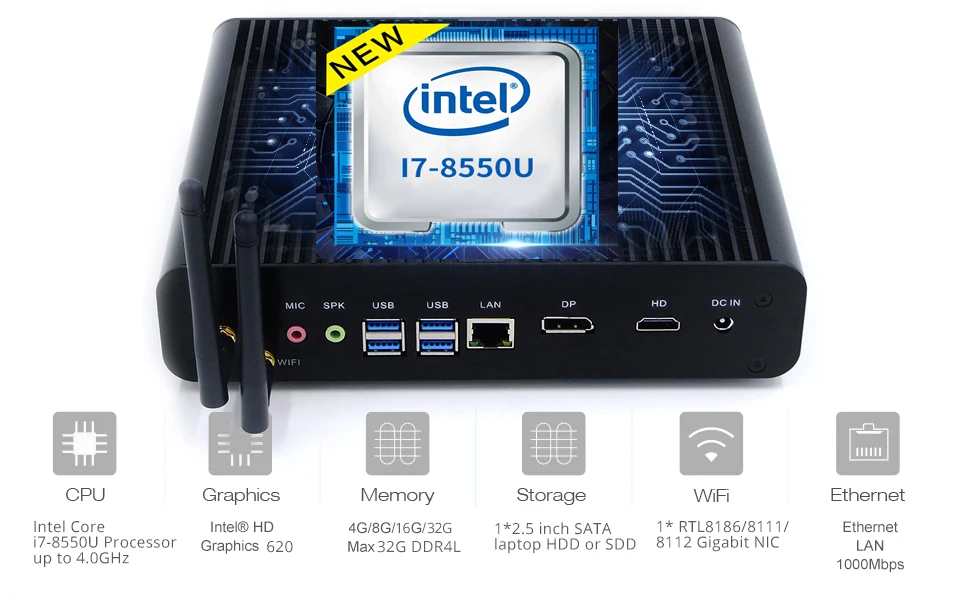 8-го поколения мини-ПК Windows 10 Intel Core i7 8550U четырехъядерный 4,0 ГГц безвентиляторный мини-компьютер 4K HTPC Intel UHD graphics 620 Wifi