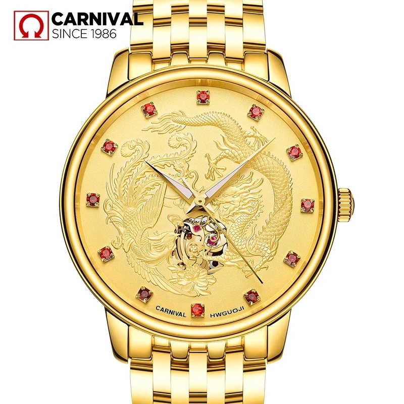 Carnival Brand Luxury Gold Dragon Skeleton Watch For Men Fashion Mechanical Watch Waterproof Luminous Sapphire Man Montre Homme