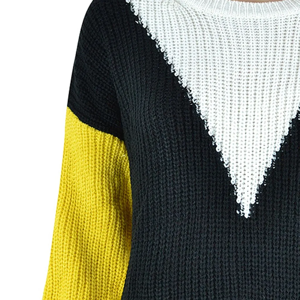 

Autumn New Women Sweater Casual Loose Women Knot O-Neck Sweater Pullover Long Sleeve Knitwear Patchwork Top Blouse