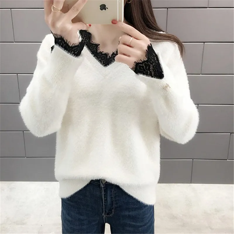 

2023 Winter Mink Fur Sweater Women 4 Color Pullover Ladies Jumper Loose Thick Warm Lace Splice V-Neck Long sleeve Sweater Female