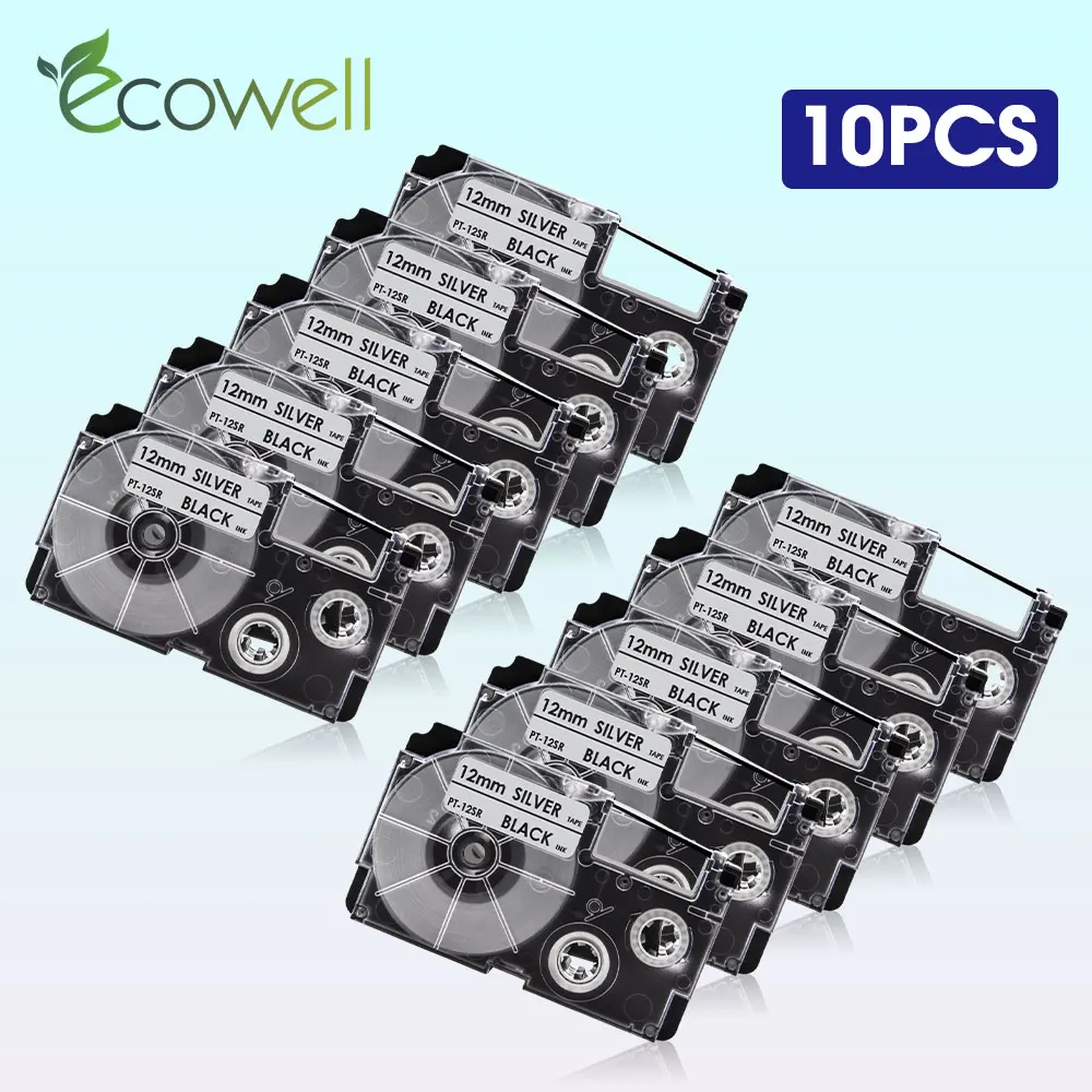 

Ecowell 5/10PK запечатанных лент для XR-12SR 12 мм * 8 м для объектива с оптическими зумом Casio кассеты ярлыка XR12SR XR 12SR черный на серебристом для KL-60 KL-60SR эт...