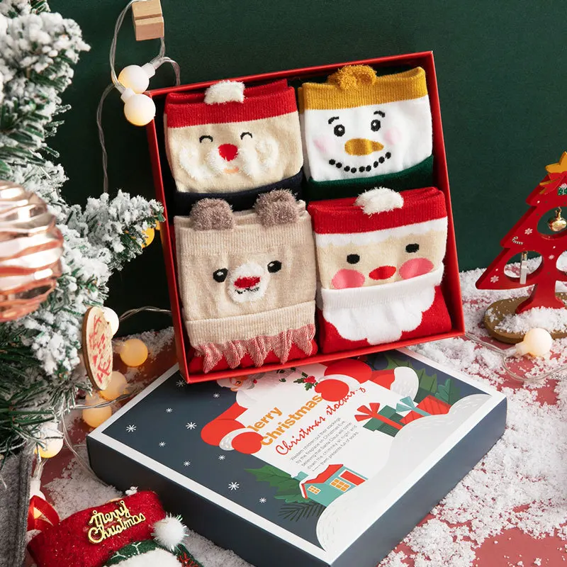 

4 Pairs Christmas Socks New YearGift Box Female Autumn And Winter Cartoon Cute Tube Socks Santa Claus Pure Cotton Thickened Warm