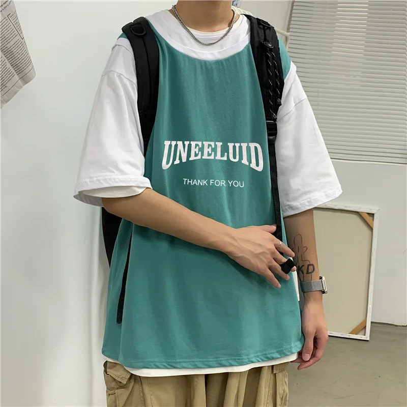 

Летняя Лоскутная футболка в гонконгском стиле Ins с коротким рукавом Мужская модная свободная парная футболка в стиле Харадзюку бойфренд из ...