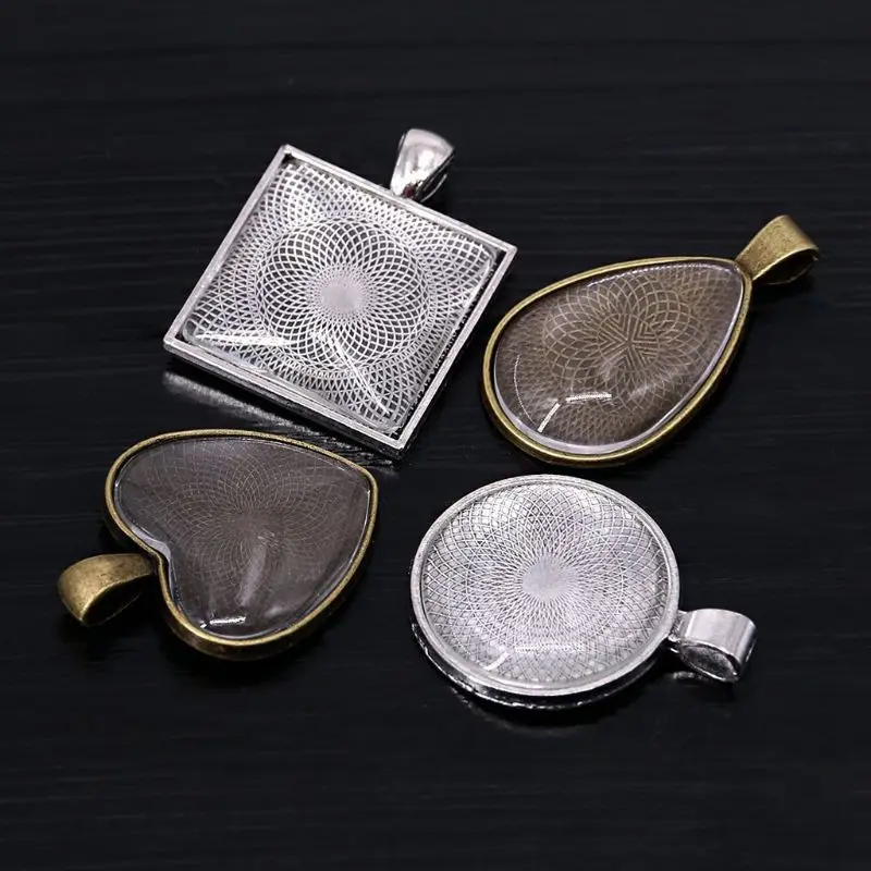 

48Pcs DIY Pendant Tray Round Square Heart Teardrop Glass Cabochon Jewelry Making