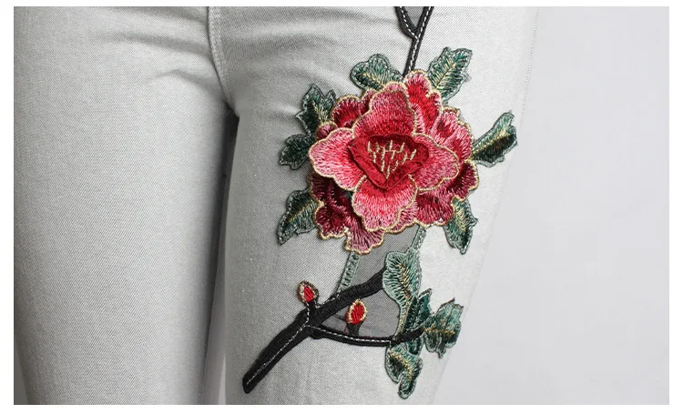 High Waist Leggins Jeans Pencil Pants Casual Stretch Skinny Ripped Flower Embroidery Denim Elastic Grey Jeggings Ladies Trousers | Женская