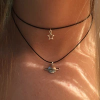 super cute double choker necklace star and planet charms 90s layered choker necklace on black cord handmade necklace
