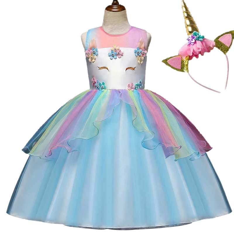 2019 Girl Unicorn Peng Rainbow Princess Children's Birthday Christmas Girl's Dress Wedding Party Детская одежда и обувь