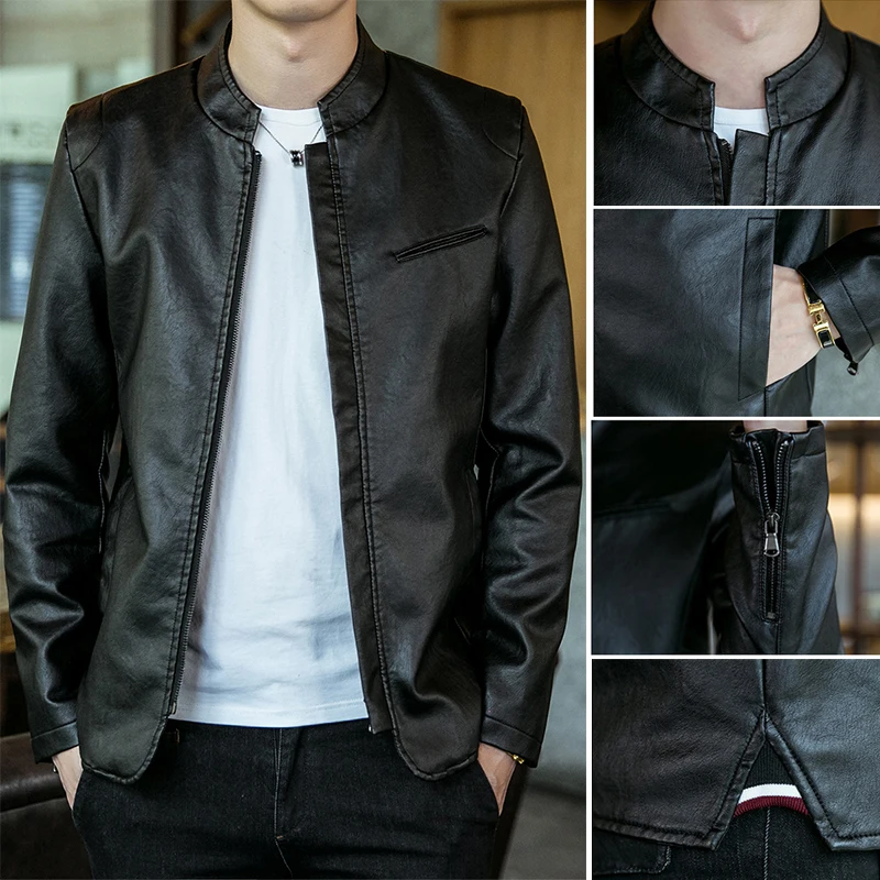 

Men Jackets Men Casual Solid Autumn Jacket Male Outwear Pu Leather Jacket Men Mandarin Collar Jacket Suitable For Spring Autumn