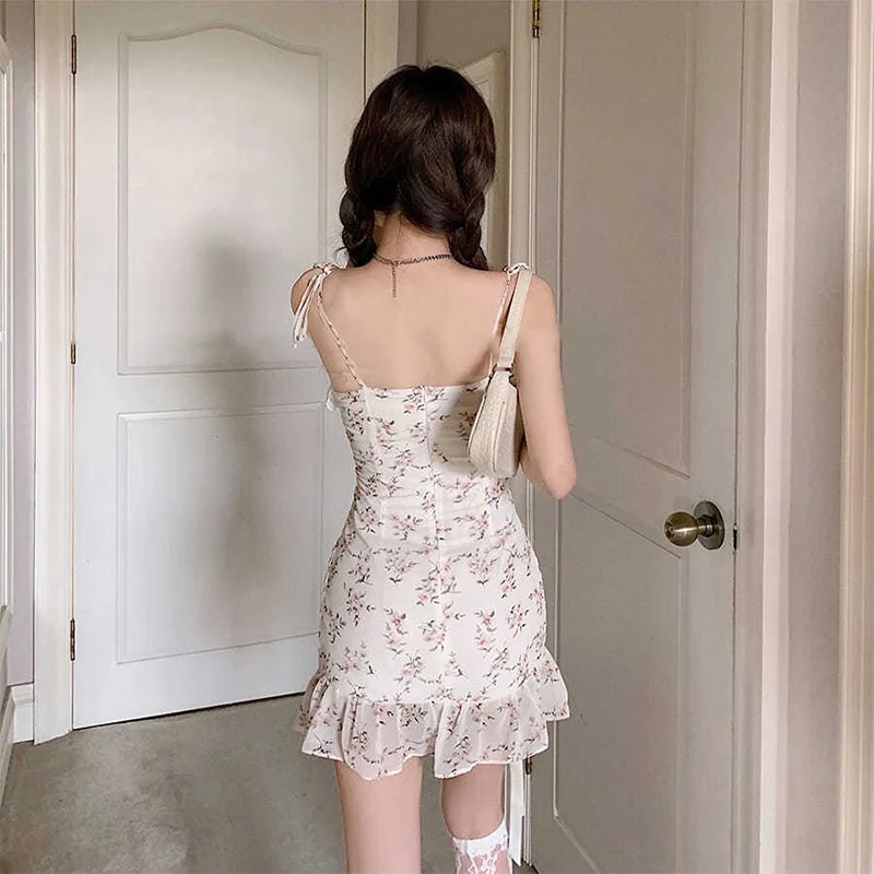 

Women's Floral Print Drawstring Mini Dress V-neck Backless Spaghetti Strap Female Sweet Dresses Summer Lady Lace Up Vestidos