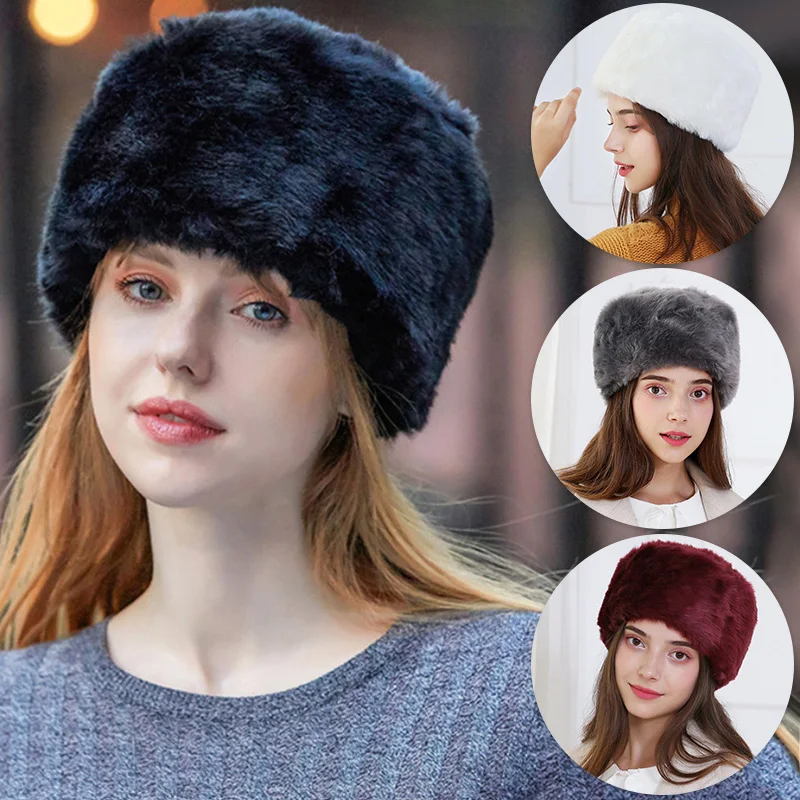 Russian Women Faux Fox Fur Hat Autumn Winter Round Flat Cap Girl Warm Soft Fur Caps Muti-Color Crownless Circle Headgear