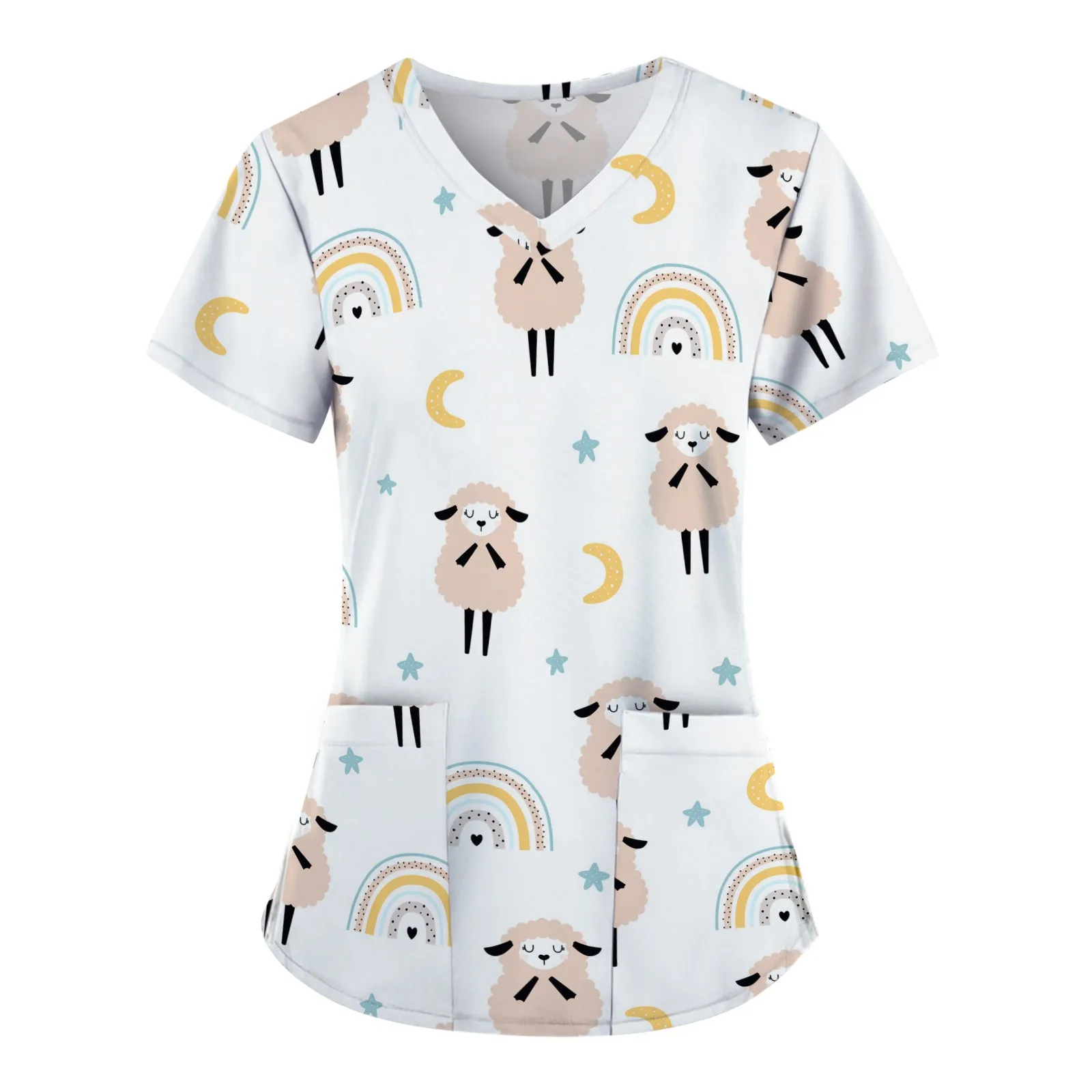 

Cartoon Sheep Animal Print Scrub Tops Experimenter Tunic Pet Grooming Institutions Working Uniform Beauty Salon Overalls A50