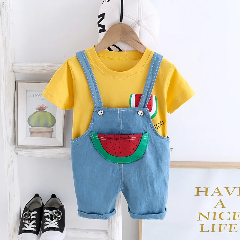 

Одежда для маленьких мальчиков, летний повседневный комбинезон из 2 предметов с мультяшным арбузом и коротким рукавом, костюм для маленьких...